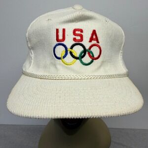 Vintage USA Olympics Corduroy Rope Hat Clutch Drew Pearson Cream Strapback Cap